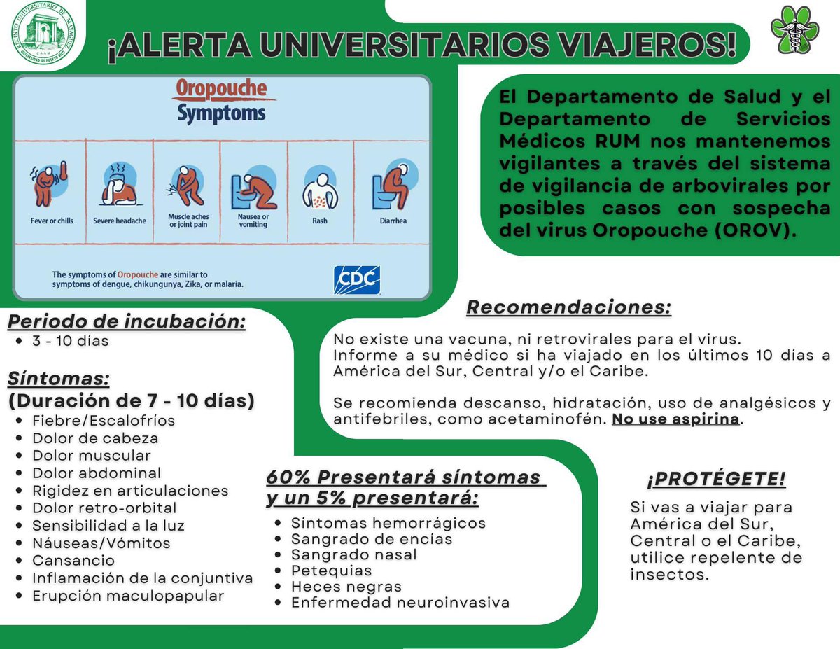 En el Departamento de Salud y en el Departamento de Servicios Médicos del RUM, nos mantenemos atentos a través del sistema de vigiliancia de arbovirales, por posibles casos con sospecha del virus Oropuche (OROV). 👀