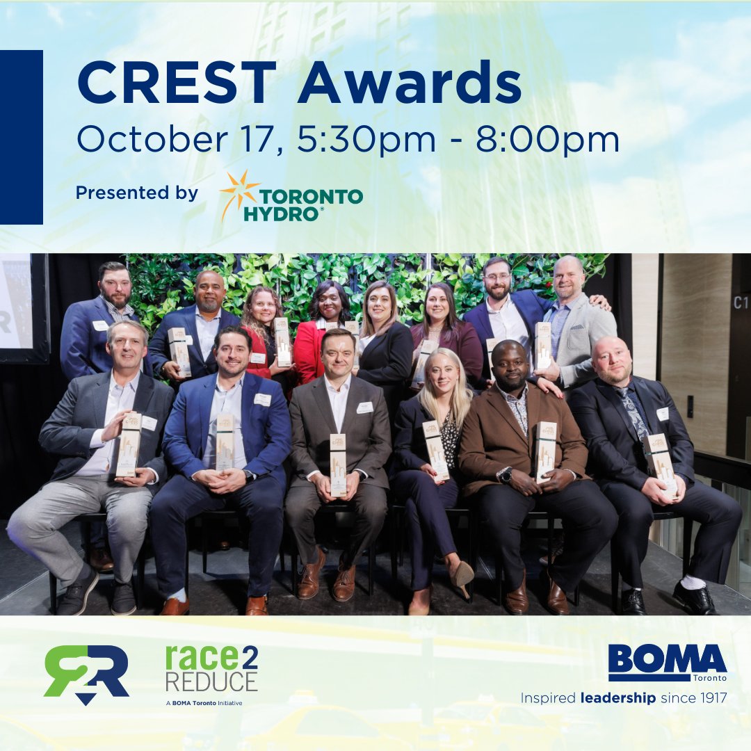 The 2024 CREST Awards are fast approaching!  

We’re ready to celebrate the competing 4,500 sustainability trailblazers committed to driving a greener future. 🏆 

Register: bomatoronto.org/boma-events/ev…