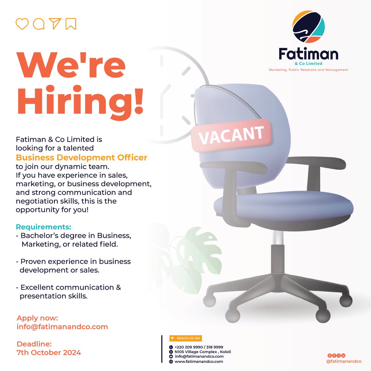 We’re Hiring! 
Looking for a Business Development Officer to drive growth and impact. If you're great at building relationships and finding new opportunities, apply now!  

Send your CV to info@fatimanandco.com  

#Hiring #BusinessDevelopment #WeAreHiring #FatimanAndCo