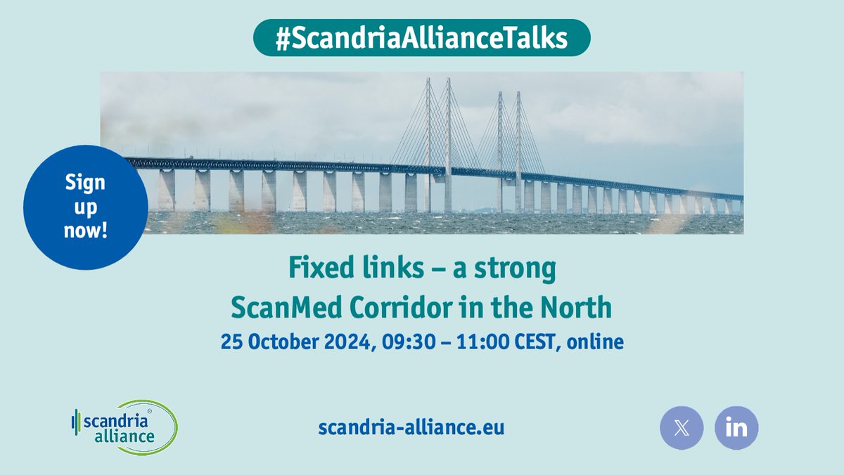 What benefits can cross-border #FixedLinks – bridges, tunnels, and embankments – have regionally, nationally and for Europe as a whole? Join us in the next edition of our #ScandriaAllianceTalks to find out!
More info and registration: scandria-alliance.eu/event/fixed-li…