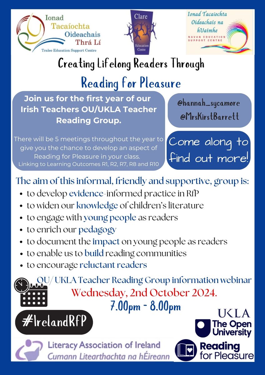 ArtONeachtain's tweet photo. Also @MrsKirstBarrett  &amp; @hannah_sycamore  will hold a webinar on Oct 2nd to explain all about the Teachers' Reading Groups. A great opportunity to learn more about TRGs. These are the first two TRGs in Ireland and we hope that this will be the start of many more...#RfPIreland https://t.co/yYGvKG8Fug