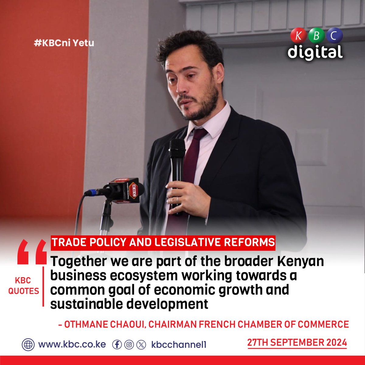 KBCChannel1's tweet photo. TRADE POLICY AND LEGISLATIVE REFORMS
Together we are part of the broader Kenyan business ecosystem working towards a common goal of economic growth and sustainable development - Othmane Chaoui, Chairman French Chamber of Commerce.
^TS https://t.co/Eujzayimu4