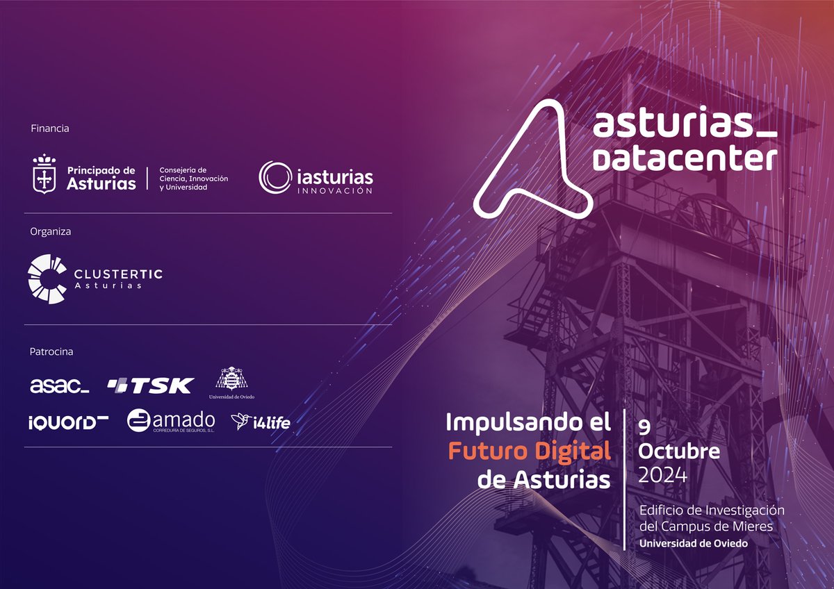 asac_ti's tweet photo. Asturias #DataCenter.
🗓️9,octubre.
⏰ A partir de las 9.00h.
📍Edificio de investigación del Campus de #Mieres.
Inscripciones👉https://t.co/EvX6DS9i33
Conoce el potencial de nuestra tierra en materia de #Almacenamiento, #seguridad y protección del #dato. https://t.co/k0paYRsJiL