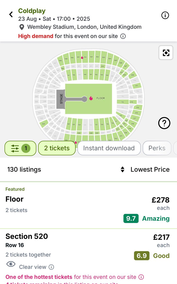 Queued for <a href="/coldplay/">Coldplay</a> tickets this morning, but less than 10 minutes after tickets go on sale, they appear on resale sites at double the price 🤷‍♂️

Yet another concert that makes others profit and stops fans from buying tickets at face value..