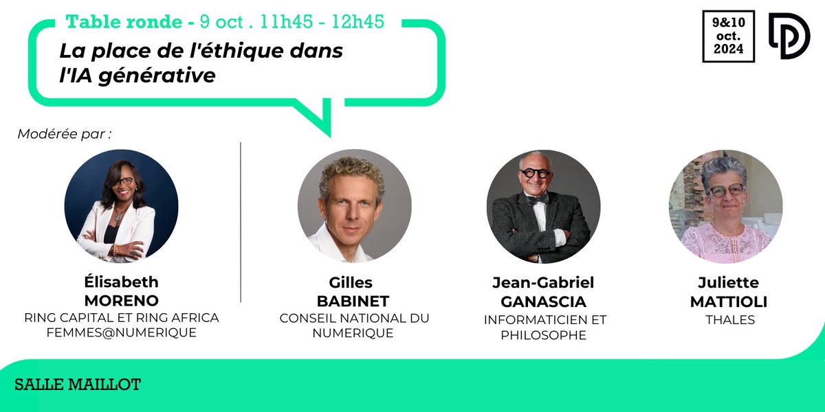 PRODURABLE's tweet image. L'éthique joue un rôle crucial dans l'intelligence artificielle qui ouvre des possibilités fascinantes.💡

📅Rdv le 9 octobre à 11h45 pour en parler !       
👉shorturl.at/TdVyt 

#PRODURABLE #economie #transitionecologique