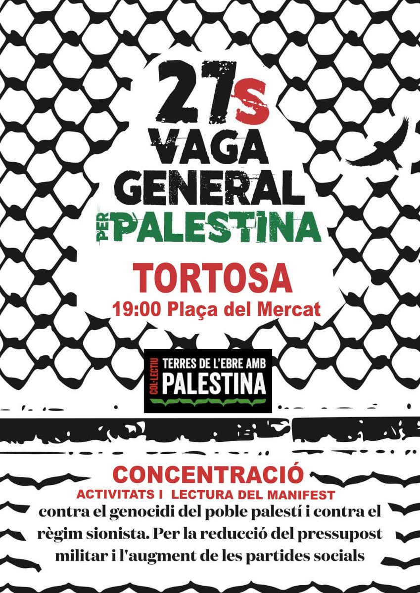 ‼️Esta vesprà <a href="/agPortsMaestrat/">Agrupació Els Ports-Maestrat</a> estarem a #Tortosa participant en la Vaga General i concentració que organitza <a href="/TEambPalestina/">Terres de l'Ebre amb Palestina</a> per denunciar el genocidi a #Palestina 🇵🇸 i exigir a <a href="/desdelamoncloa/">La Moncloa</a> la fi de les relacions diplomàtiques i comercials amb l'estat terrorista d'Israel