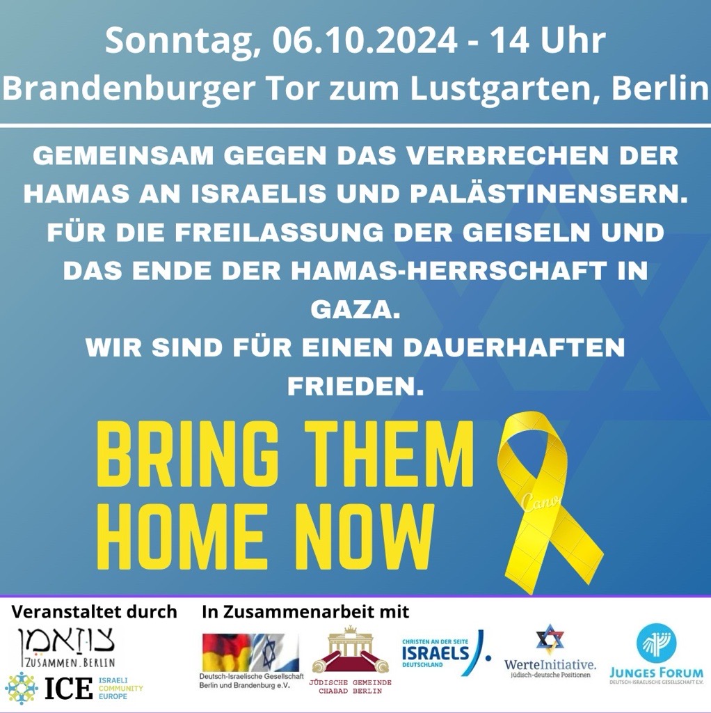 Ein Jahr nach dem 7. Oktober 2023 demonstrieren wir am Sonntag, 06.10.24 gemeinsam gegen die Verbrechen der Hamas, für die Freilassung der Geiseln und einen dauerhaften Frieden. Schließt Euch unserer Demonstration an! #bringthemhomenow  <a href="/israelaktuell/">Christen an der Seite Israels</a> <a href="/JewishBerlin/">Jüdische Gemeinde Chabad Berlin</a>