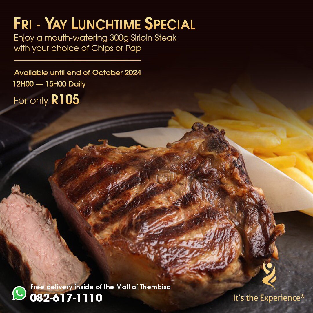 BestShisanyama's tweet photo. Sizzling Steaks at Imbizo Shisanyama at @mallofthembisa ! 🥩🍟🔥

A 300g tender, juicy Sirloin served with either Chips or Pap - R105pp

OR

A succulent 300g T-Bone served with either Chips or Pap - R95pp

👉 Available 12H00 - 15H00 Daily, until the end Oct 2024

Come Hungry!😋 https://t.co/5PDsNgwU9t