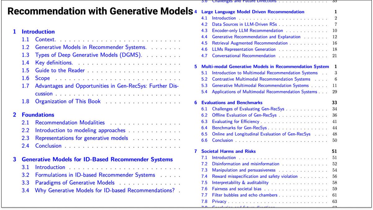 More authors releasing their books on arXiv now! Recommendation with Generative Models is out and available for everyone to explore. Also, glad to see they’ve included an important section on societal harm and risks, too 👏

Read it here: arxiv.org/abs/2409.15173