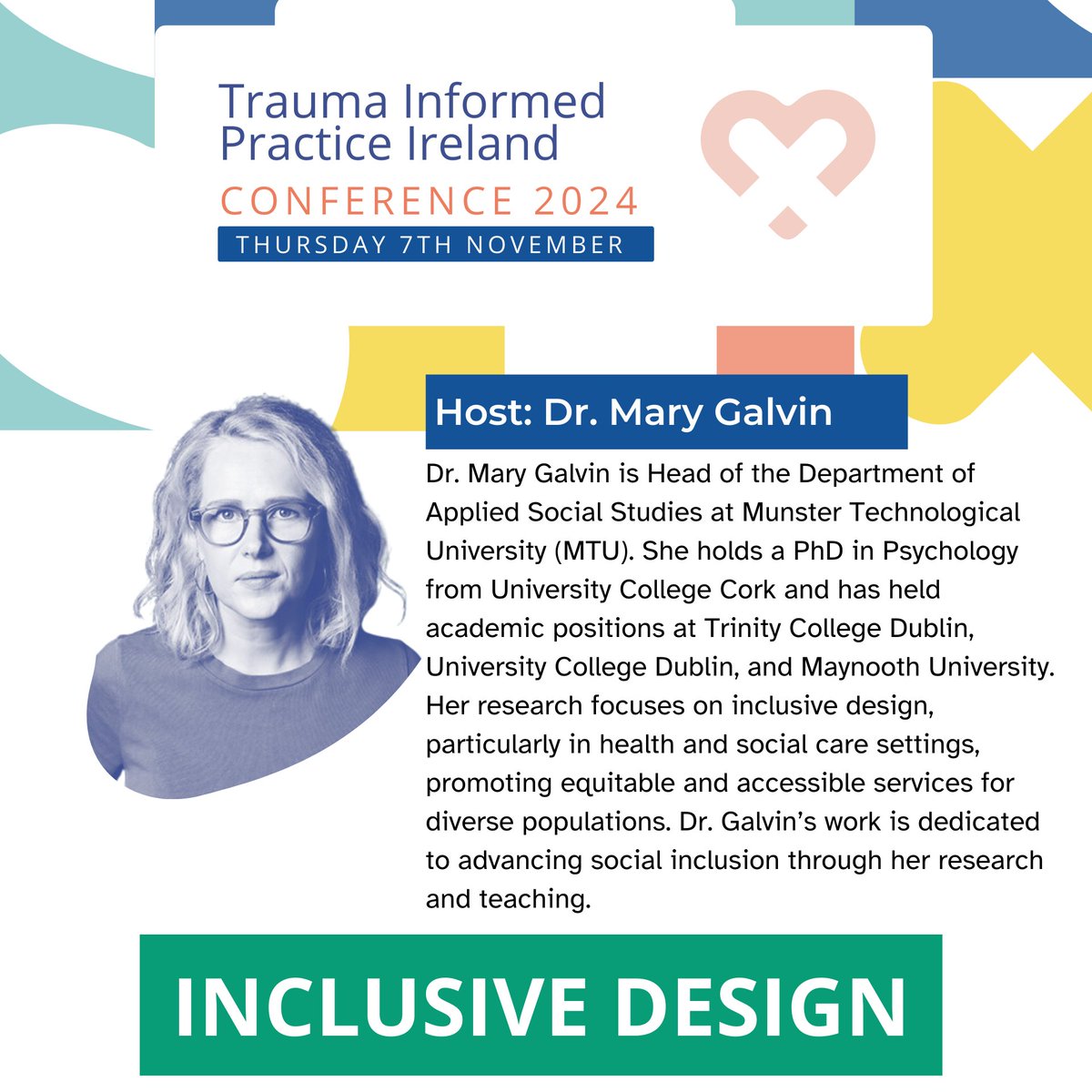 QualMatters's tweet photo. #TIPCON2024 Workshop Spotlight:

Creating Safe Learning Spaces  (1/2)

Explore practical strategies for creating trauma-sensitive learning environments that support all students, particularly those facing adversity and trauma.

Meet our expert speakers:

Eithne Nic Domhnaill, a dedicated Home School Community Liaison Coordinator, is working tirelessly to improve educational outcomes in Darndale.

Ann Swift, an independent researcher, focuses on childhood disability and inclusive education.
[https://t.co/TOPPaFn959]

Aoife Connaughton, a qualified Play Therapist and Primary School Teacher specialising in children's mental health. 
[https://t.co/B3GsyrEACl]

Dr. Annie Cummins, a sociologist at MTU, specialising in trauma and creative research.
@AnnieMCummins 

Dr. Judith Butler, an expert in trauma-sensitive approaches in early childhood development.
@Dr__Jude  

Hosting this engaging panel is the remarkable Dr. Mary Galvin, Head of Applied Social Studies at MTU, who brings a wealth of experience in inclusive design.
[https://t.co/8zF3QIdkrD]

Join us to gain practical tools for fostering supportive educational spaces!

Secure your spot today:
https://t.co/LeTyB2iiw2

#TraumaInformedEducation #SafeLearningSpaces #TIPCON24 #ChildhoodTrauma #InclusiveEducation #MentalHealthInSchools #SupportiveEnvironments #AdverseChildhoodExperiences #Conference2024 #TraumaSensitiveSchools #TraumaInformedCare
@novasireland @CourtsServiceIE @DepaulIreland @DeptJusticeIRL @Education_Ire @EducateTogether @tcddublin @ucddublin @UCC @NCIRL @uniofgalway @MaynoothUni @UL @itmtrav @The_Wheel_IRL @HSEResearch @MHER_Ire @HSELive @HSE_SI @PsychSocIreland @SocialCareIre @IASW_IRL @IACP_ie @iahip @MHReform @inclusionhealth @INARIRELAND @QUBelfast @ulsteruni @uniofbradford @mtu_ie @uniofoxford @wearetudublin @CourtsServiceIE @MigrantRightsIr @Dochasnetwork @IrishPrisons