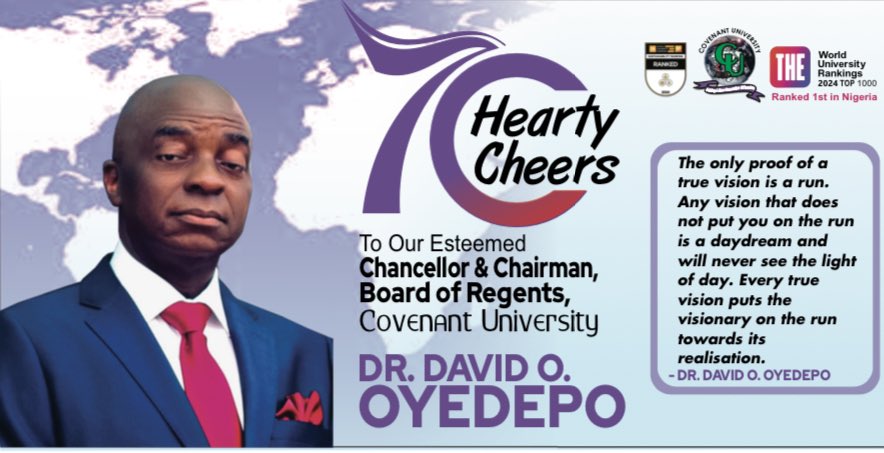 CUHEBRON's tweet photo. Happy Birthday Our dear Chancellor and Father, Dr. David O. Oyedepo!🎉🎊

We give God all the glory for bringing you thus far. 🙌 May your new season exceed your expectations sir!

We love and honour you greatly!

#Chancellor  #CovenantUniversity #70thbirthday #CUHebron https://t.co/lIgnMFnu6W