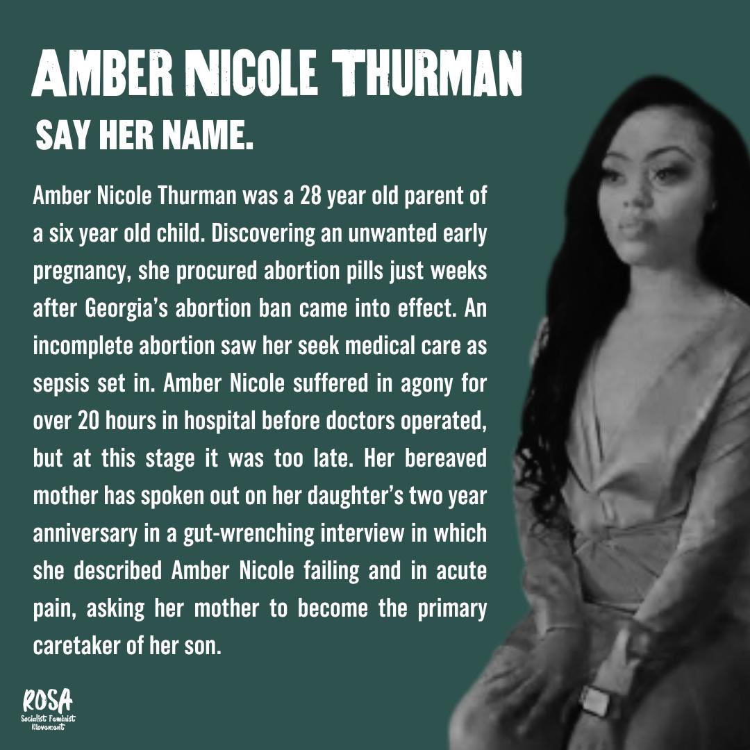 RosaSocFem's tweet photo. Amber Nicole Thurman and Candi Miller both died in agony as a result of the abortion ban. We send our heartfelt condolences to their grieving families. Lets get on the streets for 28 Sept &amp; rise up for body autonomy #AbortionIsHealthcare #blacklivesmatter https://t.co/Y2wtFrMYsU