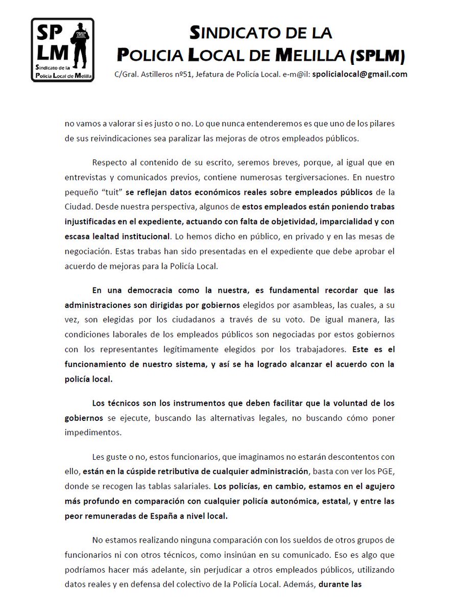SPLMelilla's tweet photo. COMUNICADO en respuesta a las críticas recientes, por defender la naturaleza única de la labor policial y las legítimas reivindicaciones de condiciones laborales. Rechazando comparaciones con otros empleados públicos . Reafirmamos el respeto y el cumplimiento de los acuerdos.
PDF➡️ https://t.co/rhTnhpCJuJ

@cope_melilla
@ondaceromelilla
@cadenasermel
@MELILLA_HOY
@Poptvmelilla
@ElFarodeMelilla
@RTVEMelilla
@tv_melilla