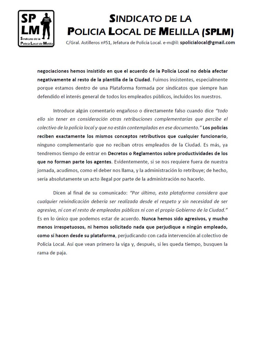 SPLMelilla's tweet photo. COMUNICADO en respuesta a las críticas recientes, por defender la naturaleza única de la labor policial y las legítimas reivindicaciones de condiciones laborales. Rechazando comparaciones con otros empleados públicos . Reafirmamos el respeto y el cumplimiento de los acuerdos.
PDF➡️ https://t.co/rhTnhpCJuJ

@cope_melilla
@ondaceromelilla
@cadenasermel
@MELILLA_HOY
@Poptvmelilla
@ElFarodeMelilla
@RTVEMelilla
@tv_melilla