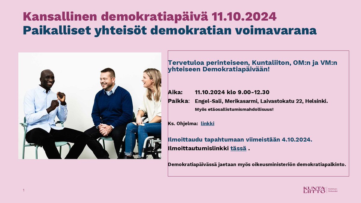 M_PekolaSjoblom's tweet photo. 🥁Kansallinen DEMOKRATIAPÄIVÄ lähestyy huimaa vauhtia. 

👉Lämpimästi tervetuloa mukaan!

⏰Muistathan ilmoittautua viimeistään 4.10.2024.  

Ohjelma ja ilmoittautumislinkki:
👇 
https://t.co/8lYmdJ8b4g https://t.co/LnGdiigSVw