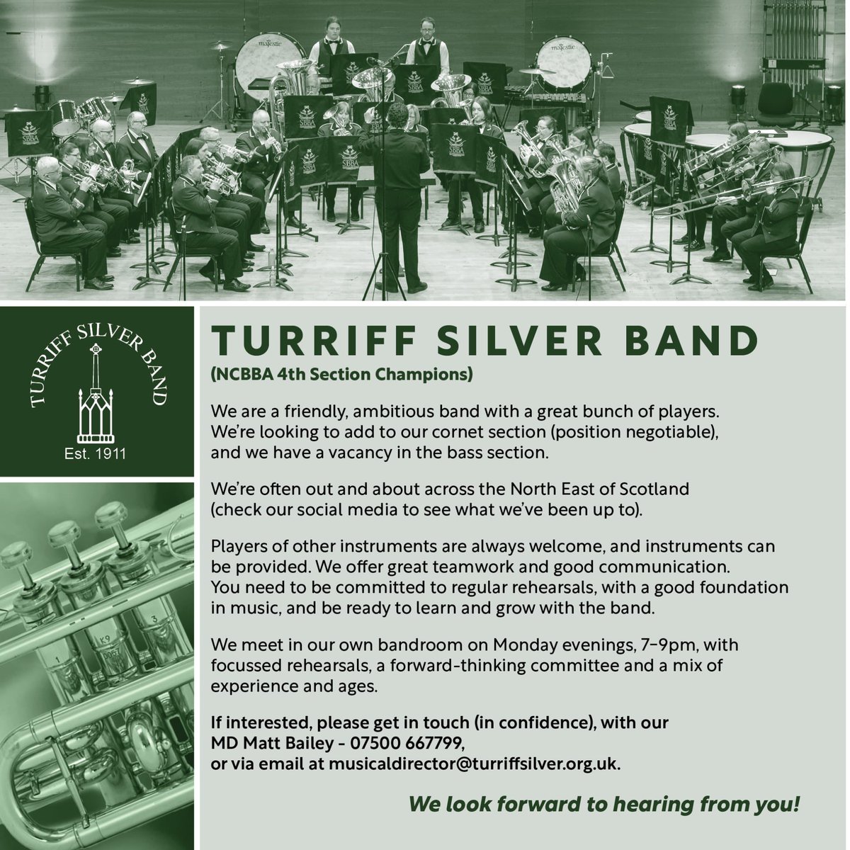 We're looking for new members to join us! 🎺🎶

📅 Rehearsals: Mondays 7-9pm
📍 Location: Manse Gardens, Turriff 

If you're interested or would like more information, please get in touch! 😊

#brassband #playerswanted #turriff