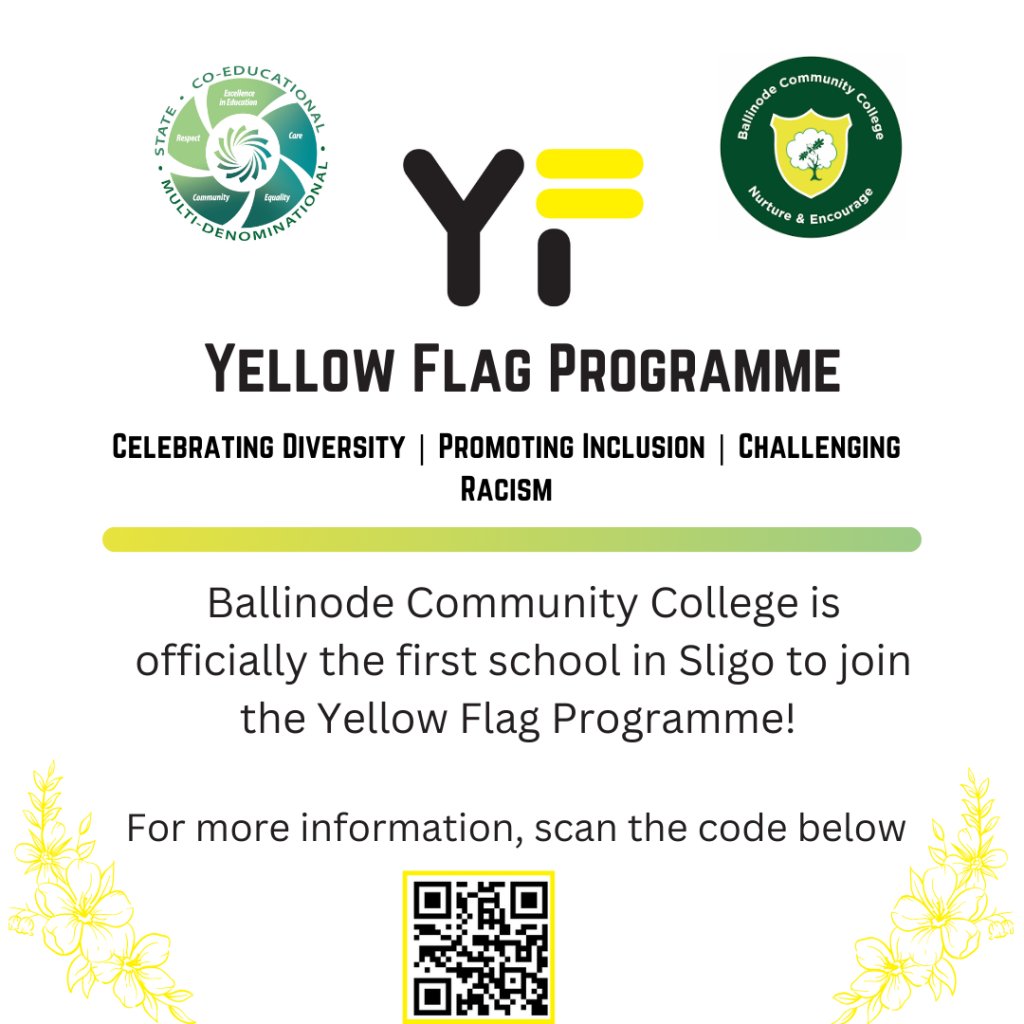 ballinodeCC's tweet photo. We are very excited to announce that Ballinode is the first school in Sligo to join the Yellow Flag Programme! This initiative aims to celebrate diversity, promote inclusion and challenge racism in the school community. For more information about this, see https://t.co/Oe1u2fd0YT https://t.co/nYcDkNFV2s