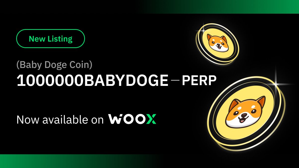 _WOO_X's tweet photo. New Listing Alert! ⚡️  
1000000BABYDOGE-PERP is now live on #WOOX! 🚀💫  
Max Leverage is 20x! 📊🔥  
Trade Baby Doge Coin with PERP contracts today!  

Start trading now ➡️ https://t.co/Vl5lCzye59  

#Crypto #BabyDoge #Perpetuals #Trading https://t.co/IE8AM89CmW