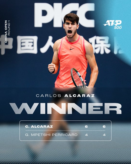 Result graphic of Carlos Alcaraz defeating Giovanni Mpetshi Perricard 6-4 6-4 in Round 1 of the 2024 China Open in Beijing, China.