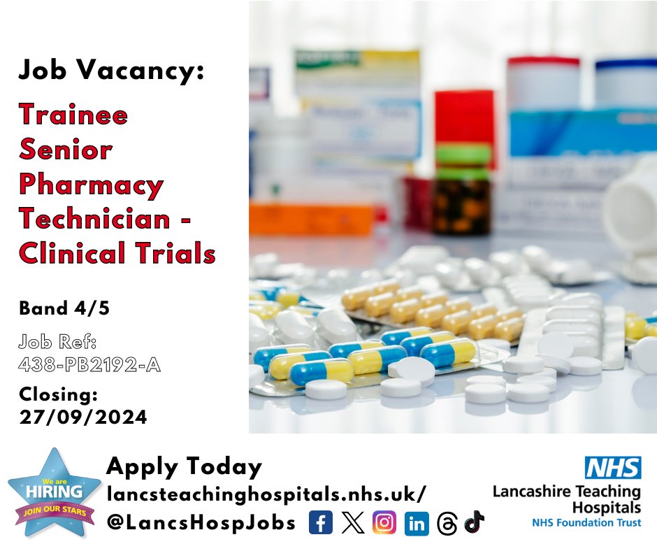 Lancashire Teaching Hospitals Jobs 💙 (@lancshospjobs) on Twitter photo Job Vacancy: Trainee Senior #Pharmacy Technician - #ClinicalTrials <a href="/LancsHospitals/">Chorley & Royal Preston</a>
⏰Closes: 27/09/2024
Read more and apply: lancsteachinghospitals.nhs.uk/join-our-workf…
#NHS #NHSjobs #Pharmacy <a href="/pharmacylthtr/">Pharmacy@LTHTR</a> #Preston #Chorley #ClinicalResearch Job Vacancy: Trainee Senior #Pharmacy Technician - #ClinicalTrials <a href="/LancsHospitals/">Chorley & Royal Preston</a>
⏰Closes: 27/09/2024
Read more and apply: lancsteachinghospitals.nhs.uk/join-our-workf…
#NHS #NHSjobs #Pharmacy <a href="/pharmacylthtr/">Pharmacy@LTHTR</a> #Preston #Chorley #ClinicalResearch