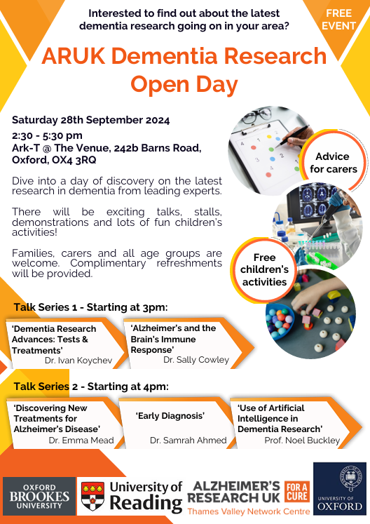 A reminder to all to come along to our Open Day tomorrow, Saturday 28th September, and see some of the important dementia research going on in the Thames Valley Network. <a href="/AlzResearchUK/">Alzheimer's Research UK</a> #ForACure