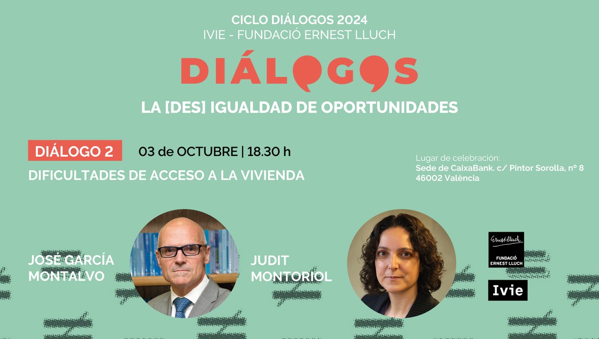 🏠El acceso a una vivienda en España se ha convertido en un problema, pero más aún para algunos colectivos 
🗓️ 3 oct - 18:30
Lo abordan José García Montalvo y <a href="/Montoriol/">Judit</a> en el próximo #DiálogosLluchIvie
🖊️ Inscríbete y síguelo presencial o por #streaming ivie.es/es_ES/ptsemina…