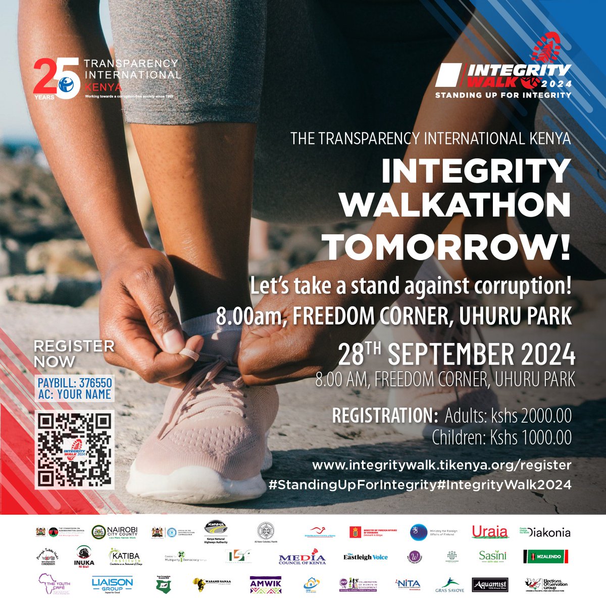 SamOgedah's tweet photo. The long awaited *#IntegrityWalk2024* is *Tomorrow!*

Join us as we Champion for a Transparent, Accountable and Corruption-Free Society. *Have you registered? 
🗓️ *Saturday: 28th September, 2024*
📍*Uhuru Park*
🕗 *Flag off time: 7.00 AM*
*#StandingUpForIntegrity* https://t.co/UYY5IlQJN8