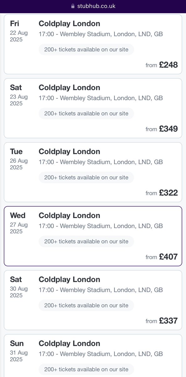 So infuriating that after buying the <a href="/coldplay/">Coldplay</a> album for a presale code and spending most of yesterday &amp; this morning trying to get just 2 tickets for me &amp; teen daughter to see her favourite band we had no luck but already on #stubhub at extortionate prices! 😡 #Coldplay2025