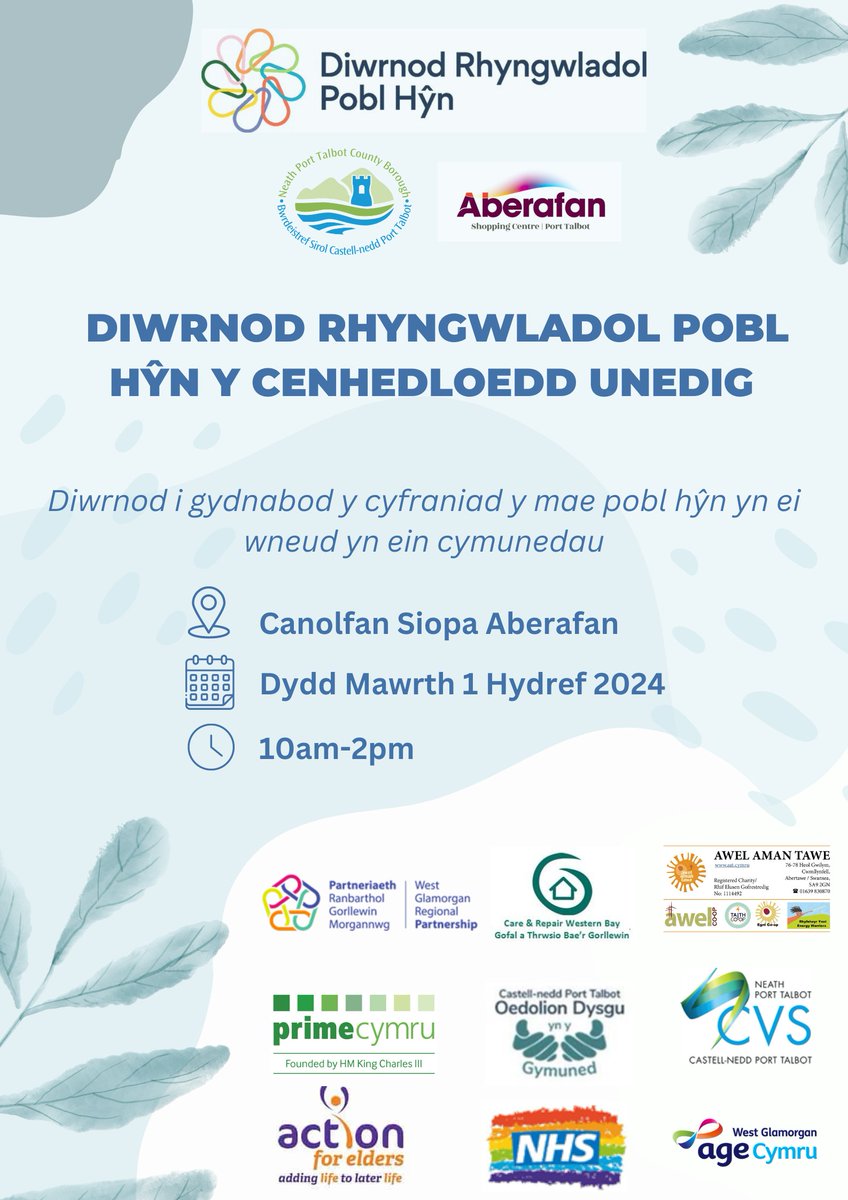 Ymunwch â ni a llawer o bobl eraill yng Nghanolfan Siopa Aberafan ar 1 Hydref wrth i ni ddathlu Diwrnod Rhyngwladol Pobl Hŷn y Cenhedloedd Unedig! 

Gweler y poster isod am ragor o fanylion!