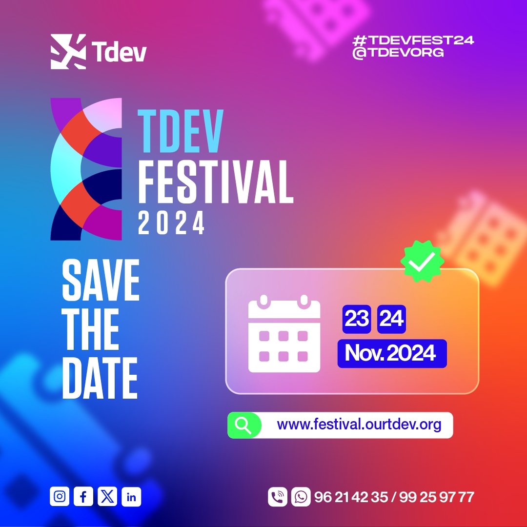 🥳 S̲A̲V̲E̲_T̲H̲E̲_D̲A̲T̲E̲ ! 🥳

Vous l'attendiez, c'est officiel ! Le #TDEVFestival2024 arrive à grands pas 🦶! 

📅 𝟮𝟯 &amp; 𝟮𝟰 Novembre 2024 – Deux jours dédiés à l'#innovation, la #TgTech, la #santé et le réseautage.

#Tdev #TDEVFest24 #IA #CyberSécurité #Numérique

1/2