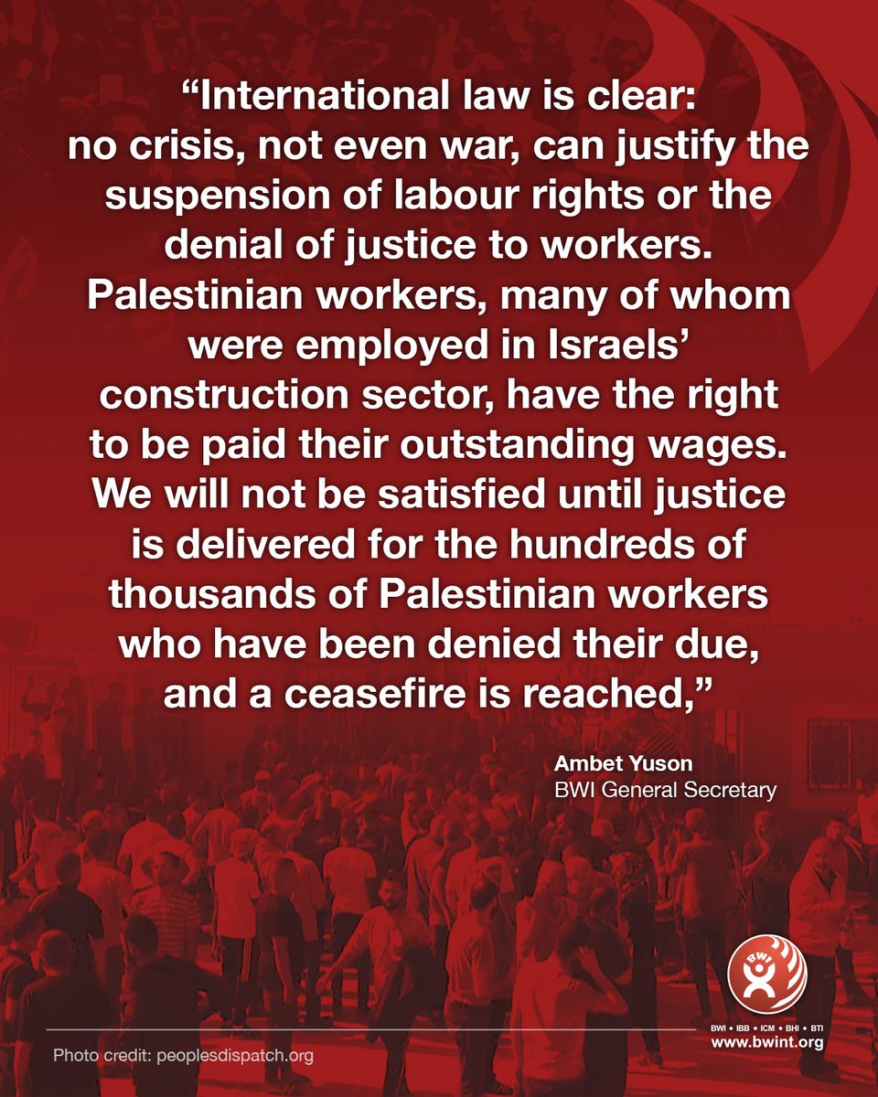 BWIglobal's tweet photo. Palestine: Global unions file ILO complaint to recover wages of over 200,000 Palestinian workers in Israel

Full story here. ⬇️
https://t.co/eUFqL5moFl https://t.co/YVOPhNpc0N