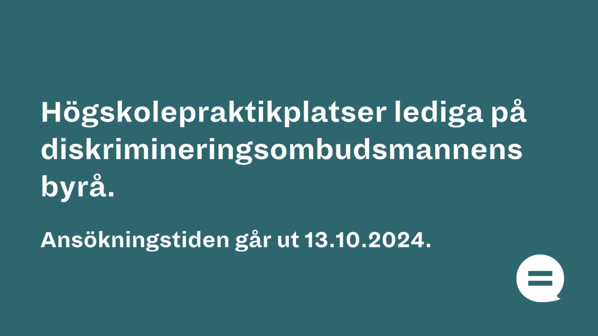 Jobba hos oss! Vid diskrimineringsombudsmannens byrå lediganslås 2 st praktikantplatser för 6 månader i första hand för jurisstuderande i magisterskedet under tiden 15.11.2024-14.5.2025. Ansökningstiden går ut 13.10.2024. Läs mer: yhdenvertaisuusvaltuutettu.fi/sv/-/hogskolep…
