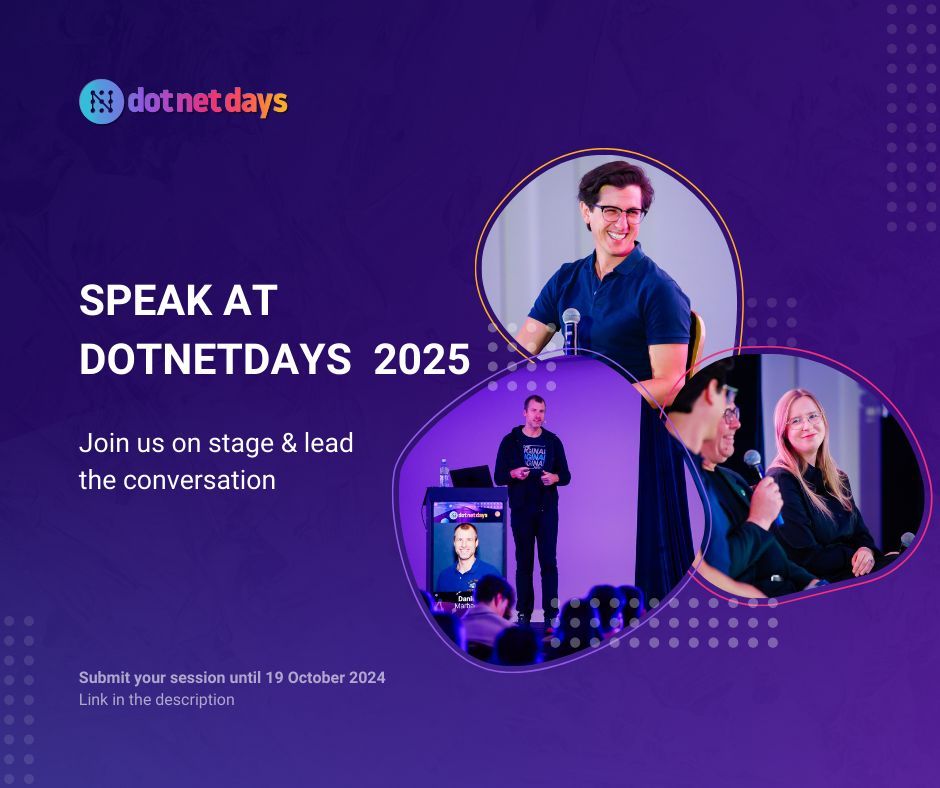 dotnetdaysro (@dotnetdaysro) on Twitter photo 📢 Step into the spotlight at #dotnetdays 2025! 🌟 This is your chance to join a renowned line-up inspired by past speakers like <a href="/LaylaCodesIt/">Layla</a>, <a href="/jongalloway/">Jon Galloway</a>, or <a href="/nickchapsas/">Nick Chapsas</a> . 🎤
👉 Apply here: sessionize.com/dotnetdays-202…
#dotnet #cfp #speakerswanted #techconference #community 📢 Step into the spotlight at #dotnetdays 2025! 🌟 This is your chance to join a renowned line-up inspired by past speakers like <a href="/LaylaCodesIt/">Layla</a>, <a href="/jongalloway/">Jon Galloway</a>, or <a href="/nickchapsas/">Nick Chapsas</a> . 🎤
👉 Apply here: sessionize.com/dotnetdays-202…
#dotnet #cfp #speakerswanted #techconference #community