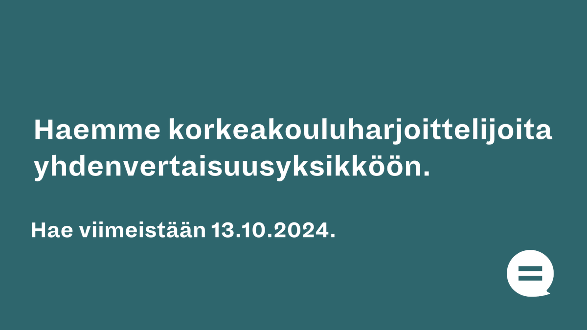 Tule meille töihin! Yhdenvertaisuusvaltuutetun toimistossa on tarjolla ensisijaisesti oikeustieteen maisteriopiskelijoille kaksi kappaletta kuuden kuukauden harjoittelupaikkaa ajalle 15.11.2024-14.5.2025. Hae viimeistään: 13.10.2024 Lue lisää: yhdenvertaisuusvaltuutettu.fi/-/yhdenvertais…