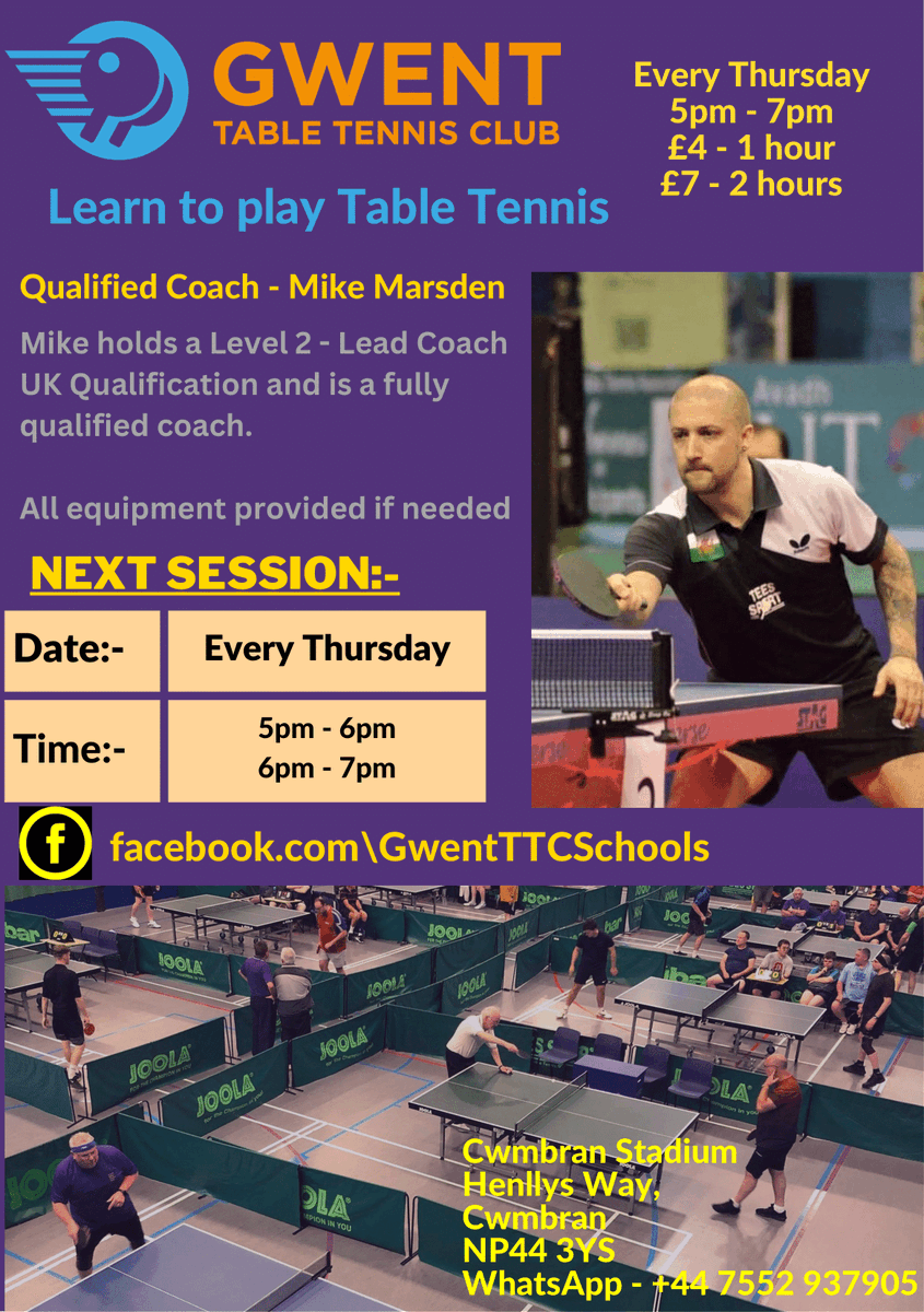 🏓Sessions at Gwent TTC🏓

Be sure to get involved at Gwent TTC, with sessions taking place every Thursday evening!

📍Cwmbran Stadium
⏰17:00 - 19:00