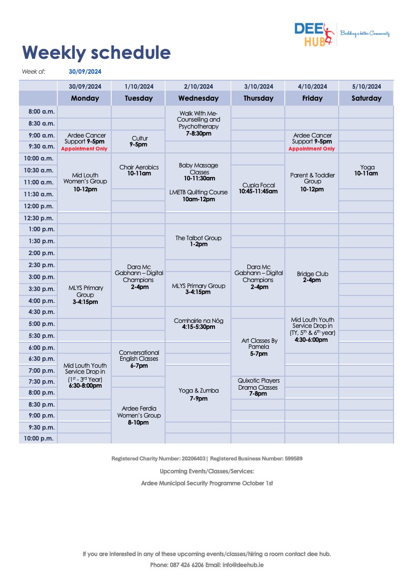 DeeHubArdee's tweet photo. Dee Hub Schedule for the week of 30/9/24 https://t.co/JPnomSsBPI