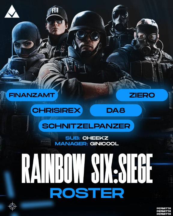 Permitta eSports (@permittaesports) on Twitter photo We welcome our current Rainbow Six: Siege roster ๐ซก
๐ฆ๐น <a href="/ChrisiRexBBD/">Christopher Graf</a>
๐จ๐ญ <a href="/Da8R6/">DA8.R6</a>
๐ฉ๐ช SchnitzelPanzer
๐ฉ๐ช @Finanzamt15
๐ฉ๐ช Ziero
๐ฉ๐ช <a href="/MafuyuR6/">Phil</a> (Sub)
๐ฉ๐ช <a href="/Ginicool/">Ginicool</a> (Manager)
They will participate at <a href="/PBX_PRO_SERIES/">PBX PRO SERIES</a> and more!
#GOPERMITTA We welcome our current Rainbow Six: Siege roster ๐ซก
๐ฆ๐น <a href="/ChrisiRexBBD/">Christopher Graf</a>
๐จ๐ญ <a href="/Da8R6/">DA8.R6</a>
๐ฉ๐ช SchnitzelPanzer
๐ฉ๐ช @Finanzamt15
๐ฉ๐ช Ziero
๐ฉ๐ช <a href="/MafuyuR6/">Phil</a> (Sub)
๐ฉ๐ช <a href="/Ginicool/">Ginicool</a> (Manager)
They will participate at <a href="/PBX_PRO_SERIES/">PBX PRO SERIES</a> and more!
#GOPERMITTA