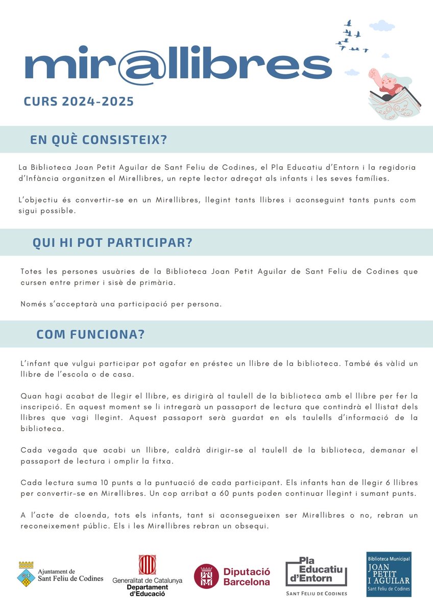 📚 1r Repte Lector 2024-2025: Mir@llibres!

Infants de 6 a 12 anys, participeu i endinseu-vos en la màgia dels llibres! Comença el 30 de setembre.

L'objectiu? Llegir, sumar punts i convertir-vos en Mir@llibres! ⬇️

ℹ️ santfeliudecodines.cat

#SantFeliuDeCodines #sfc182 #lectura