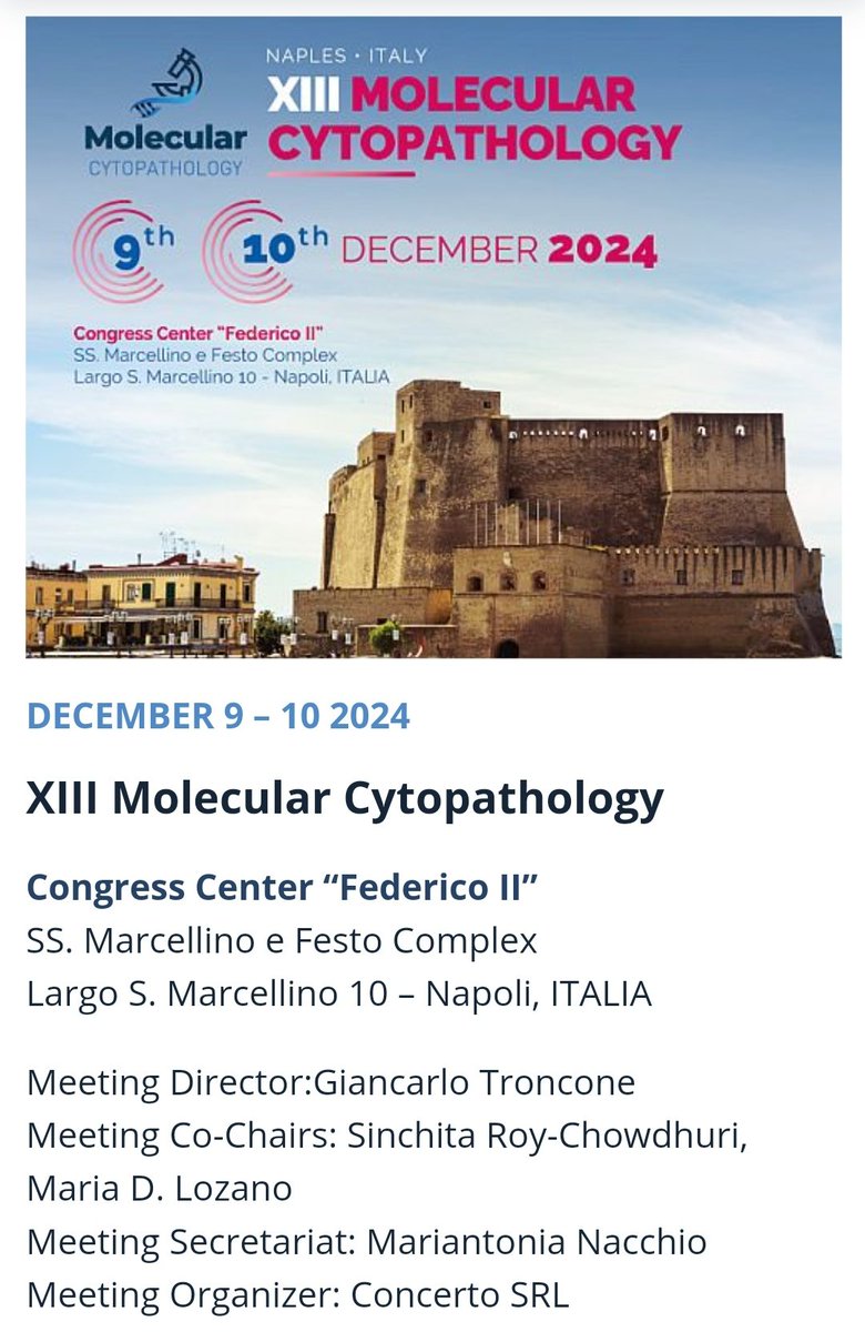 MariantoniaNac1's tweet photo. Extremely happy to announce the next ✨ Molecular Cytopathology✨ congress, which will be held on 9-10 December in Naples! 📍
Two wonderful days focusing on lung and thyroid cancers!! 🔥

What are you waiting for to register? 💥

Have a look here 🔽🔽🔽

https://t.co/GHxvPp6s1V https://t.co/QrZJJ0eCbA