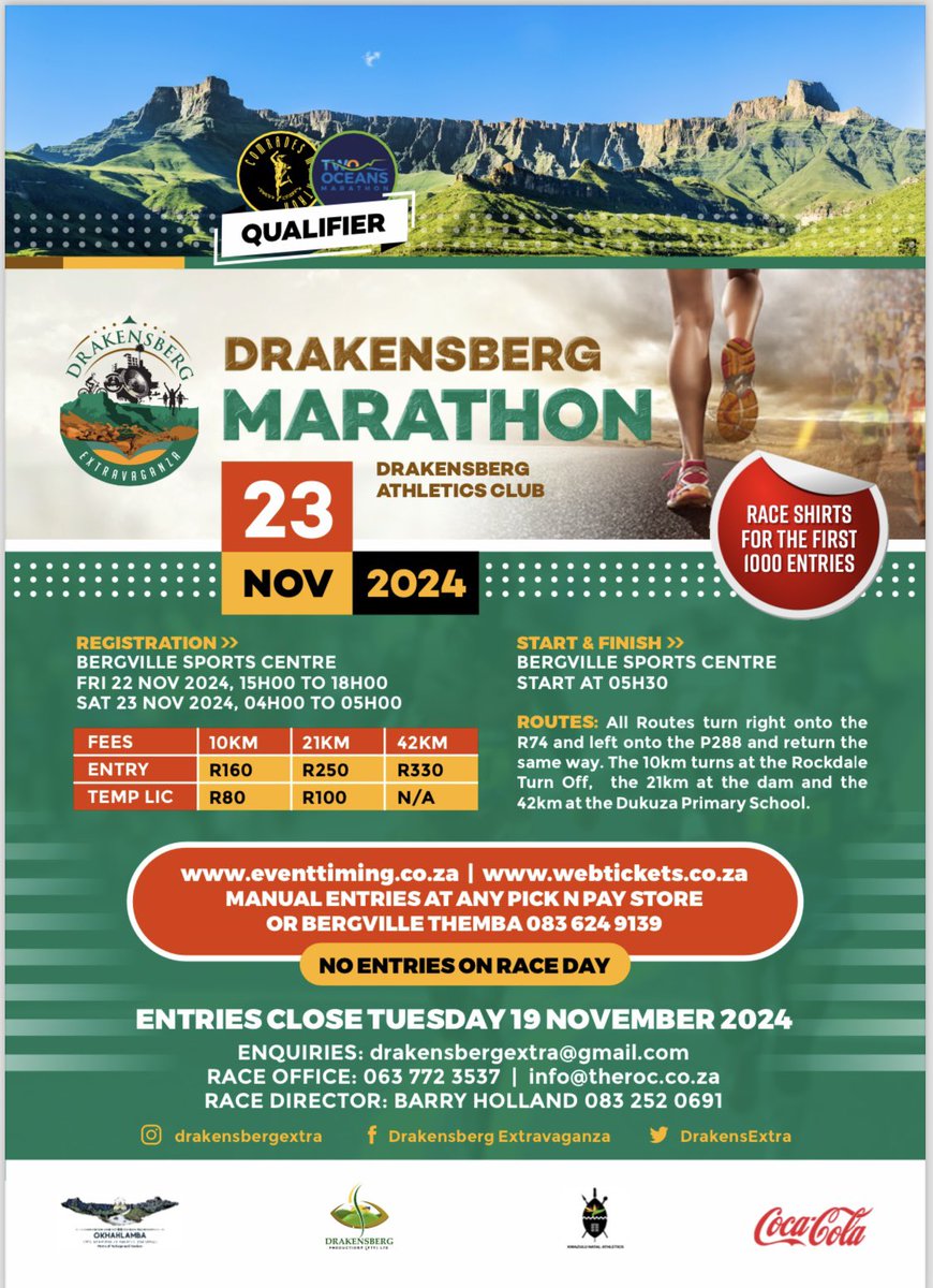 DrakensExtra's tweet photo. 😁😁 Athletes &amp; Runners 🥳 We Have Exciting News 📢 The Drakensberg Marathon is back!!

Join us on the 23rd of November, 2024, for a thrilling race through stunning scenery.

ℹ️: Stay tuned for the amazing winning prizes poster, coming out soon 🏃🏃‍♀️🏃‍♂️💨
#drakensbergmarathon2024 https://t.co/ALIcW9moWl