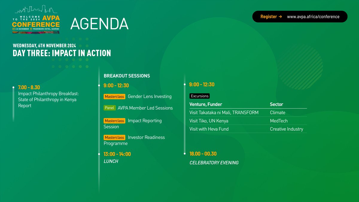 _avpa_'s tweet photo. The agenda for #AVPA2024 is packed with interactive sessions, workshops, &amp; high-level discussions to drive real impact. Engage with experts, collaborate, and leave with actionable insights for change.
Explore the full agenda: https://t.co/Oc8mnTJ09d Karibuni!🇰🇪 
#CatalyseAfrica https://t.co/Nzq9FvfLyY
