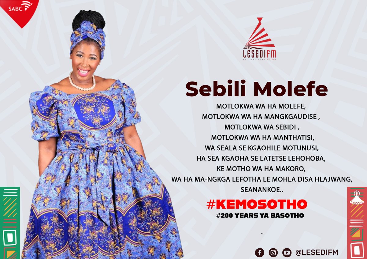 LesediFM's tweet photo. Sebili Molefe #KeMosotho.
Seboko sa hao ke mang ? Ipolele.
#200YearsYaBasotho #KeMollelwa #KgwediYaBotjhaba https://t.co/nslG30dGWo