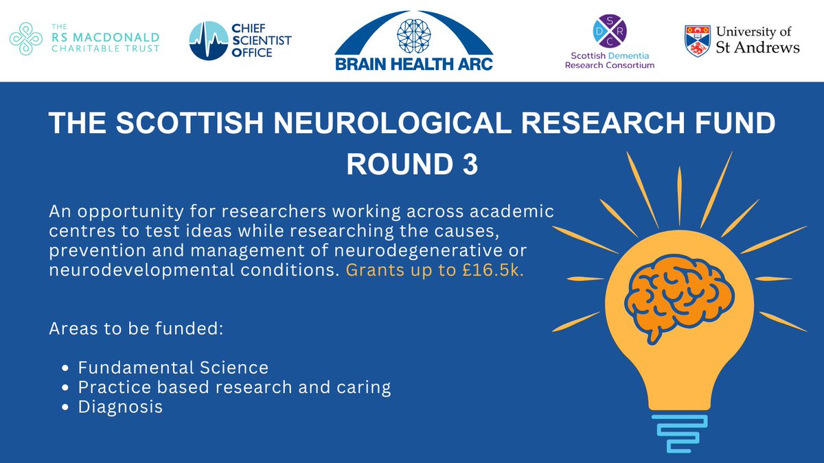 📢 The Scottish Neurological Research Fund round 3 is open!  

An opportunity for researchers working across academic centres to test ideas while researching the causes, prevention &amp; management of neurodegenerative or neurodevelopmental conditions 🧠

👉 bit.ly/4eyL1qu