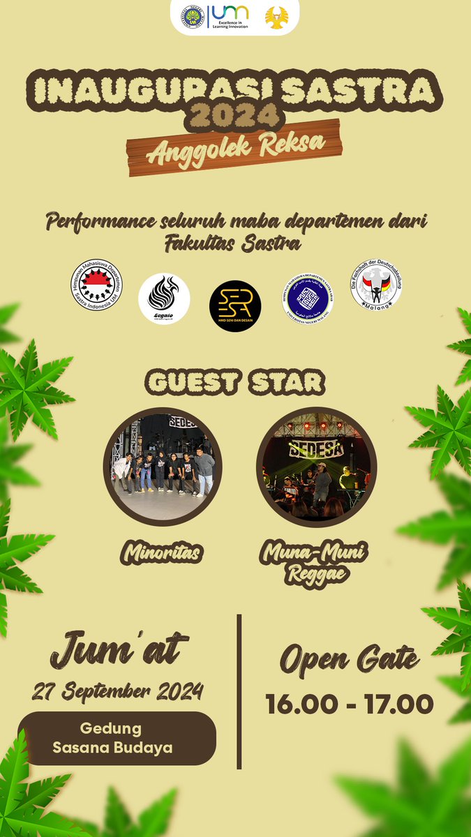 halo bolo mboisss, nih Inaugurasi Sastra 2024 back again!!! Untuk umum juga dan open gate 15.30 WIB😍🥰 Ayo segera merapat ke Sasana Budaya🤩