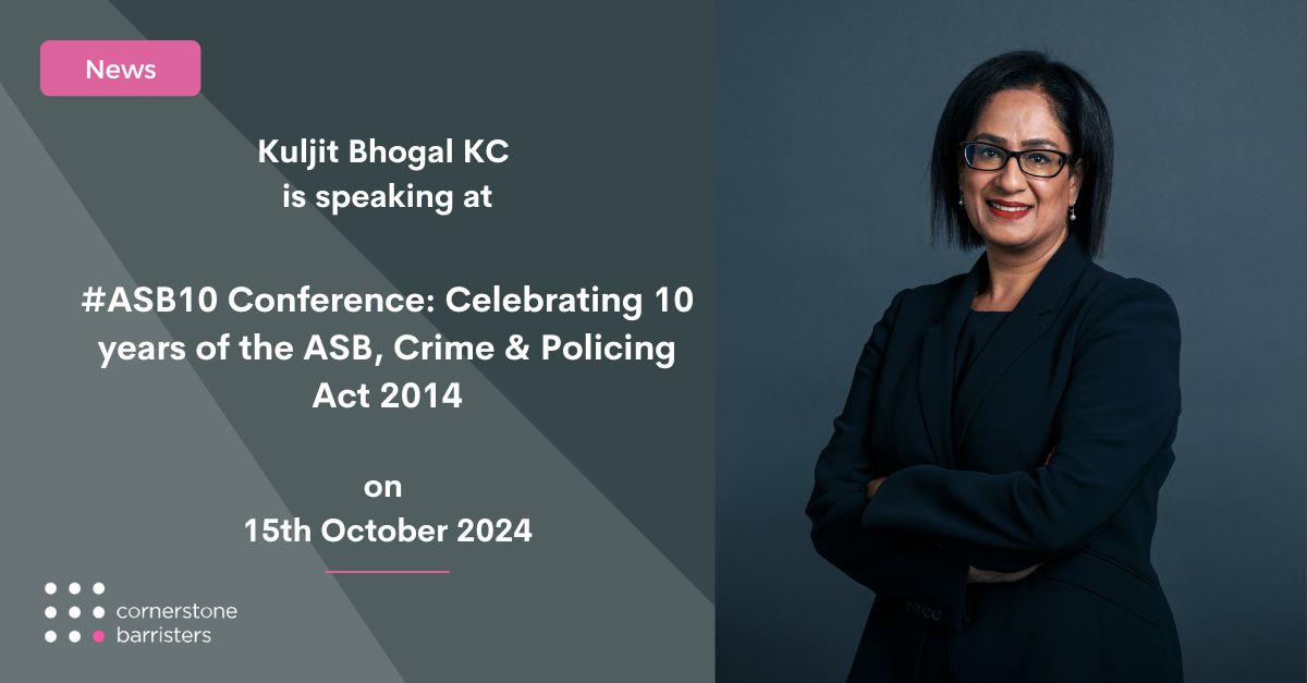 Distinguished expert in anti-social behaviour law <a href="/KuljitBhogal/">Kuljit Bhogal KC</a> KC is to lead a debate at the #ASB10 Conference: Celebrating 10 years of the ASB, Crime and Policing Act 2014, hosted by Green &amp; Burton ASB Associates on 15 Oct 2024.

Learn more here: cornerstonebarristers.com/kuljit-bhogal-…