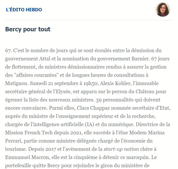 [#Edito] 📢 Bercy pour tout !

67 jours écoulés avant la nomination du gouvernement Barnier... Une nouvelle secrétaire d'Etat à l'IA et au numérique plus tard, les enjeux sont les mêmes mais plus le ministère de rattachement ! 
(✍️<a href="/wassiniazirar/">Wassinia Zirar</a>) 

➡️ ticpharma.com/Edito?id=2699