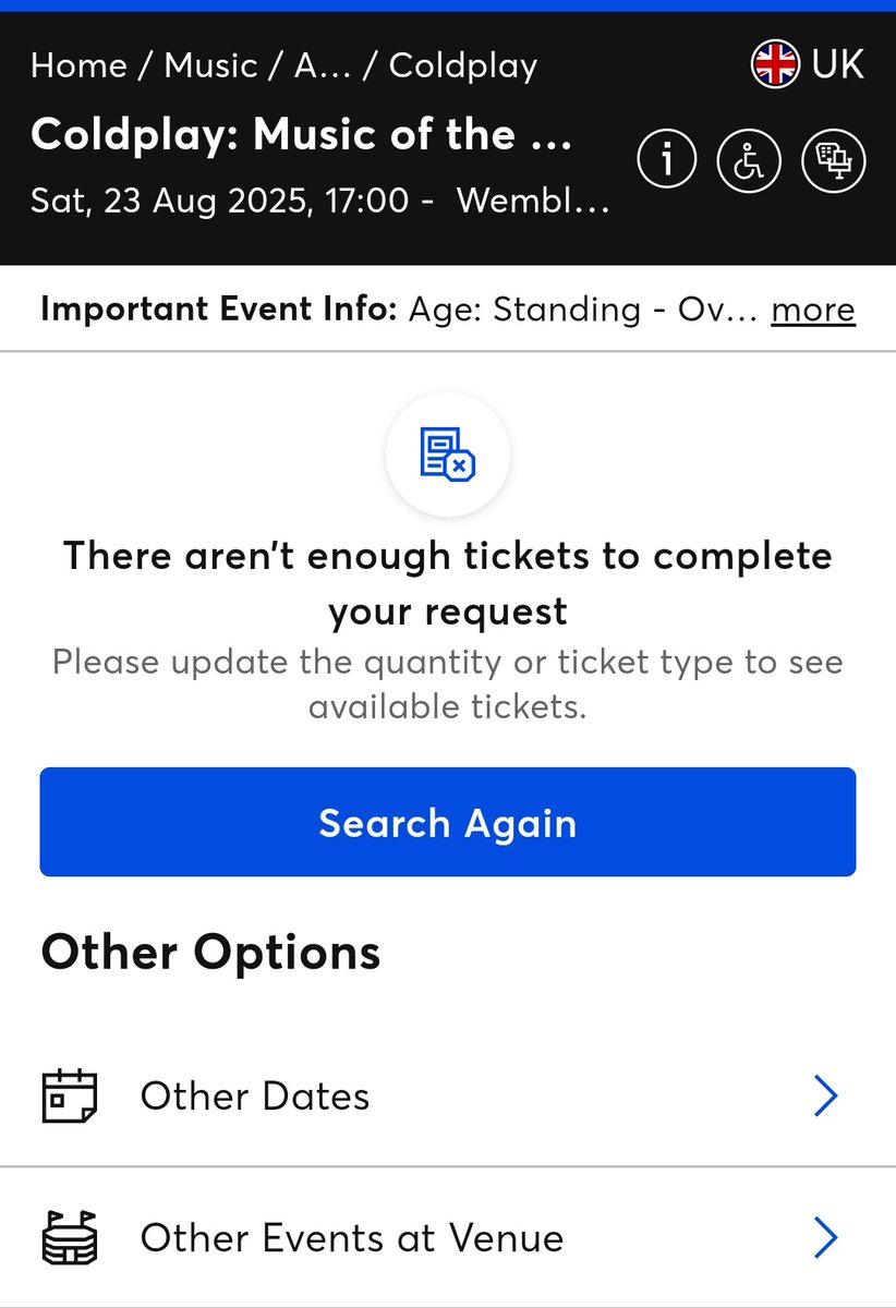 psychef's tweet photo. August 23rd sold out. All levels except enhanced tickets #Coldplay2025 https://t.co/DbOSmYg1pC