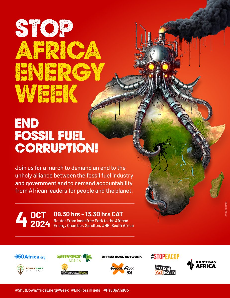 Next week, we're hitting the streets of Joburg to BOYCOTT #AfricanEnergyWeek!

Meet us at Innesfree Park, 9:30 AM, Friday, 4 October. Let’s demand an END to the unholy alliance between the #FossilFuel industry and our governments!

✍️🏿Sign the Open Letter bit.ly/StopAfricanEne…