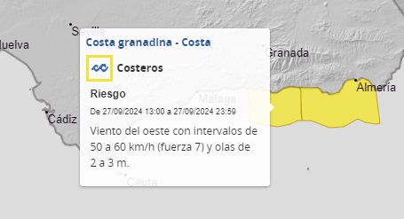 E112Andalucia's tweet photo. 🌬️ A partir de las 13.00 horas de hoy y hasta la medianoche estará activo el aviso amarillo por fenómenos costeros en Poniente y #Almería capital y en la Costa de #Granada. 
¡Mucha precaución en zonas costeras!
@AEMET_Esp https://t.co/V3azL5leyz
