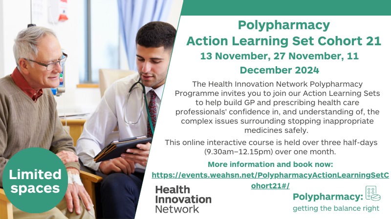 Starting on 13 Nov, we will be hosting online training to improve prescribers’ confidence and understanding when treating patients with complex #polypharmacy. The free action learning set runs over three half-day sessions. Book now: events.weahsn.net/PolypharmacyAc…